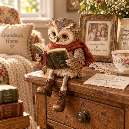 Reading Owl Figurine – Whimsical Bookish Shelf Sitter With Glasses & Dangling Boots