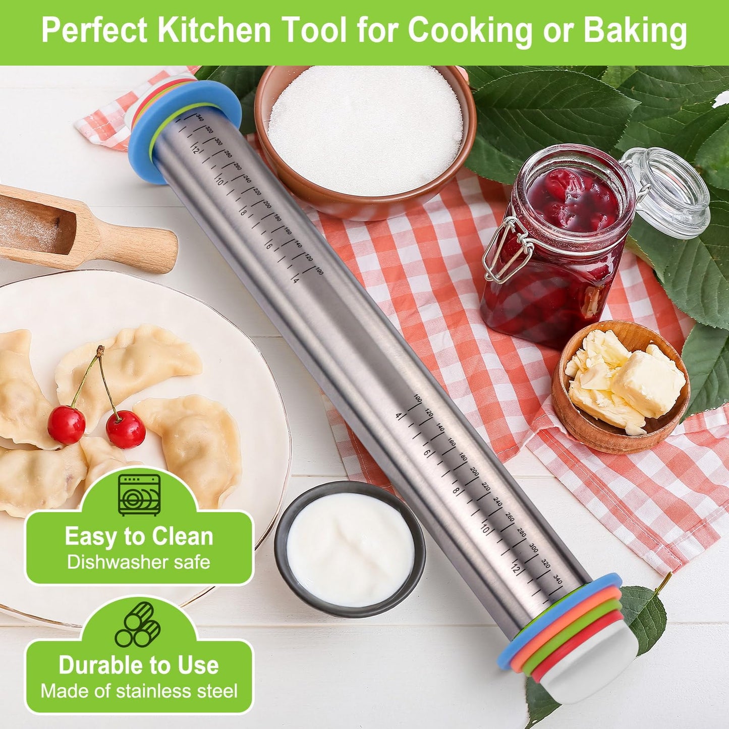 🔥Adjustable Stainless Steel Rolling Pin with Thickness Rings