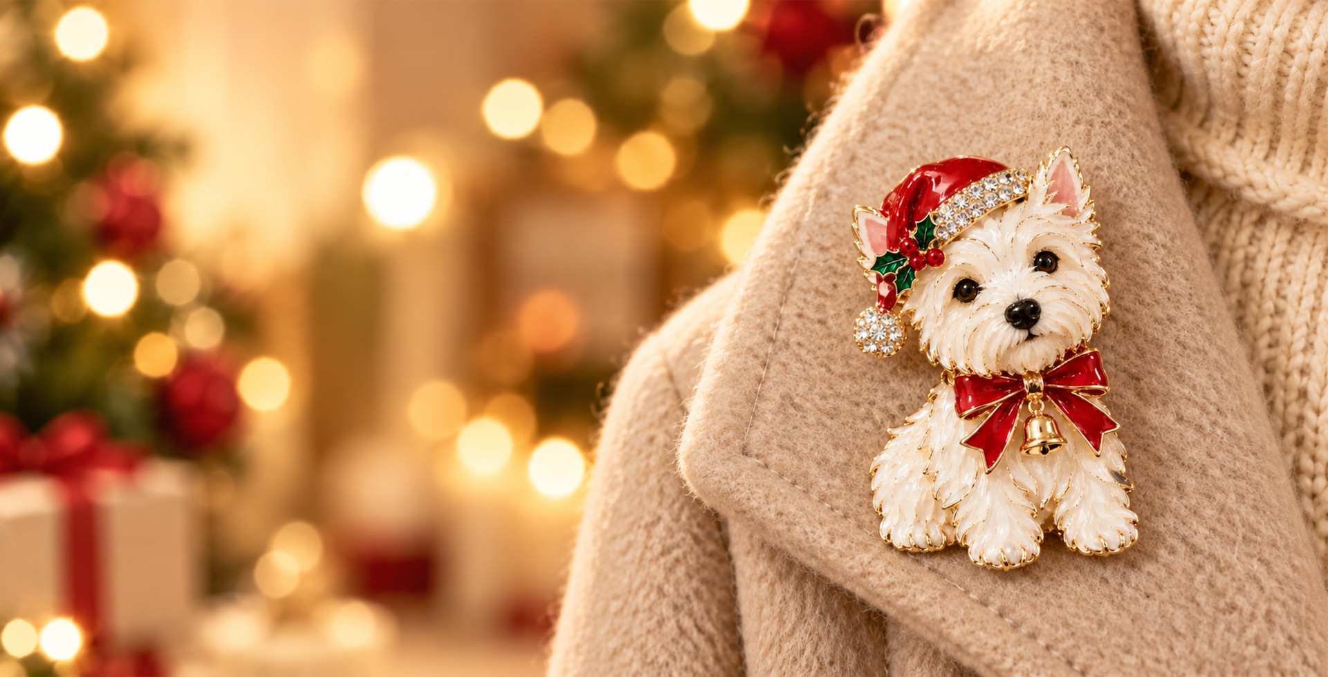 Christmas Westie and Yorkshire Terrier dog brooch styled for the holidays