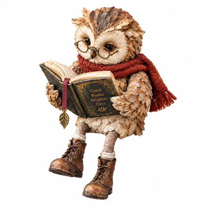 Reading Owl Figurine – Whimsical Bookish Shelf Sitter With Glasses & Dangling Boots