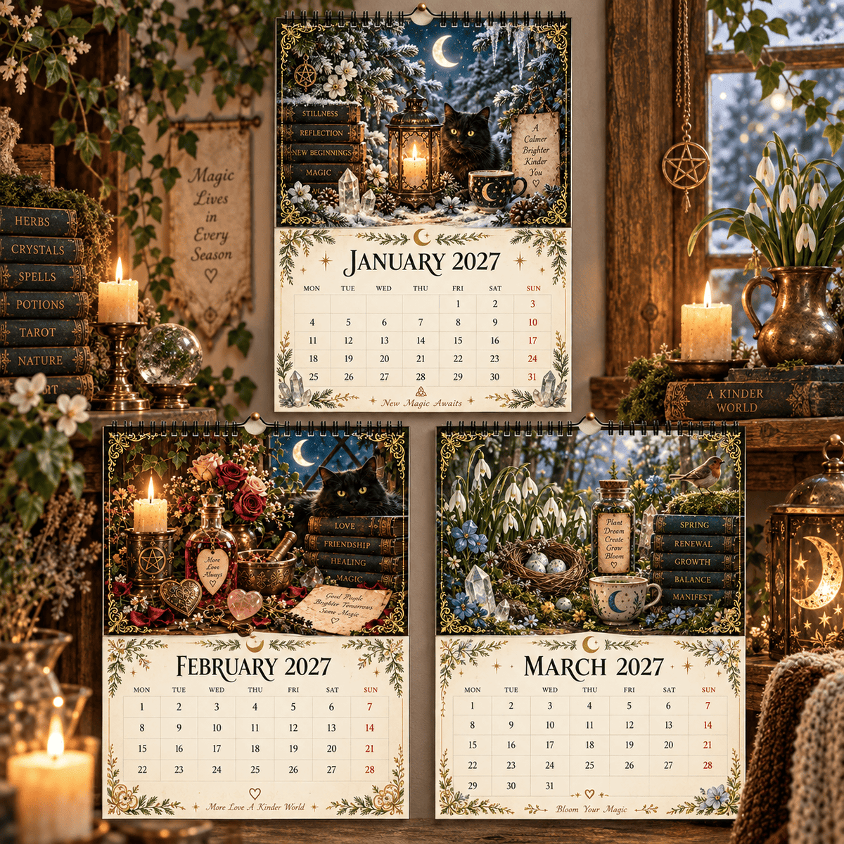 Witch’s Arcanum 2027 Wall Calendar – 12-Month Witchy Art Calendar with Black Cats, Herbs, Crystals & Seasonal Magic