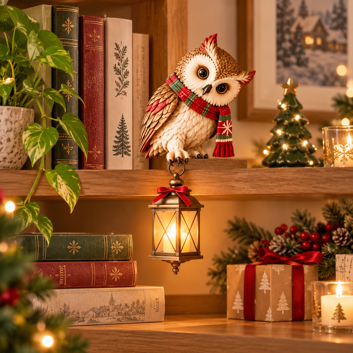 Christmas Owl Figurine with LED Lantern, Festive Scarf Owl Shelf Sitter Ornament for Christmas Home Decor