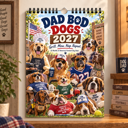Dad Bod Dogs 2027 Wall Calendar‑ Grill, Mow, Nap, Repeat, Funny Dog Dad Humor Wall Calendar