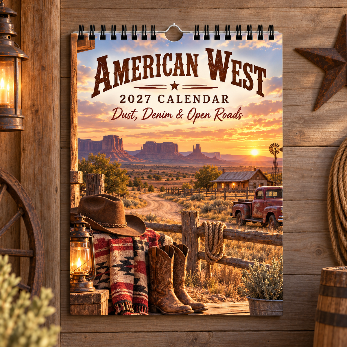 American West 2027 Wall Calendar – Dust, Denim & Open Roads, Vintage Western Cowboy Scenery Art Calendar