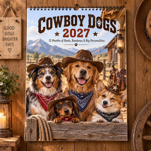 Cowboy Dogs 2027 Wall Calendar - Cute Western Cowboy Puppy Monthly Calendar, Dog Lover Gift, Sunday‑Start US Layout Wall‑Hanging Spiral Calendar