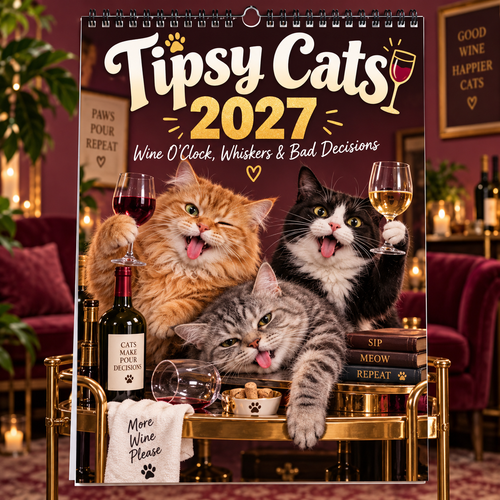 Tipsy Cats 2027 Wall Calendar – Wine O’Clock, Whiskers & Bad Decisions, Funny Boozy Cat Art Calendar