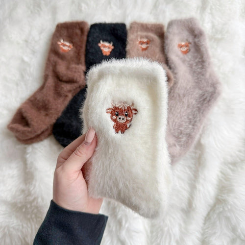 5 Pairs Cartoon Highland Cow Plush Socks for Cold-Free Home Comfort Warmth