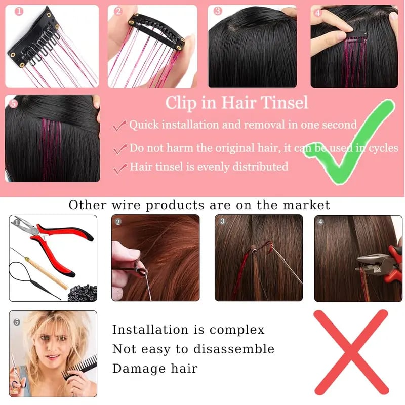 ✨ Clip in Hair Tinsel 24 Inch | 6 Pcs Glitter Fairy Hair Extensions 🥳