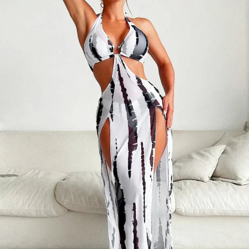 ✨ Striped Two-Piece Swimsuit – Bow Neck, Ring Detail, High Stretch 🌊
