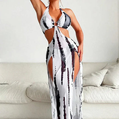 ✨ Striped Two-Piece Swimsuit – Bow Neck, Ring Detail, High Stretch 🌊