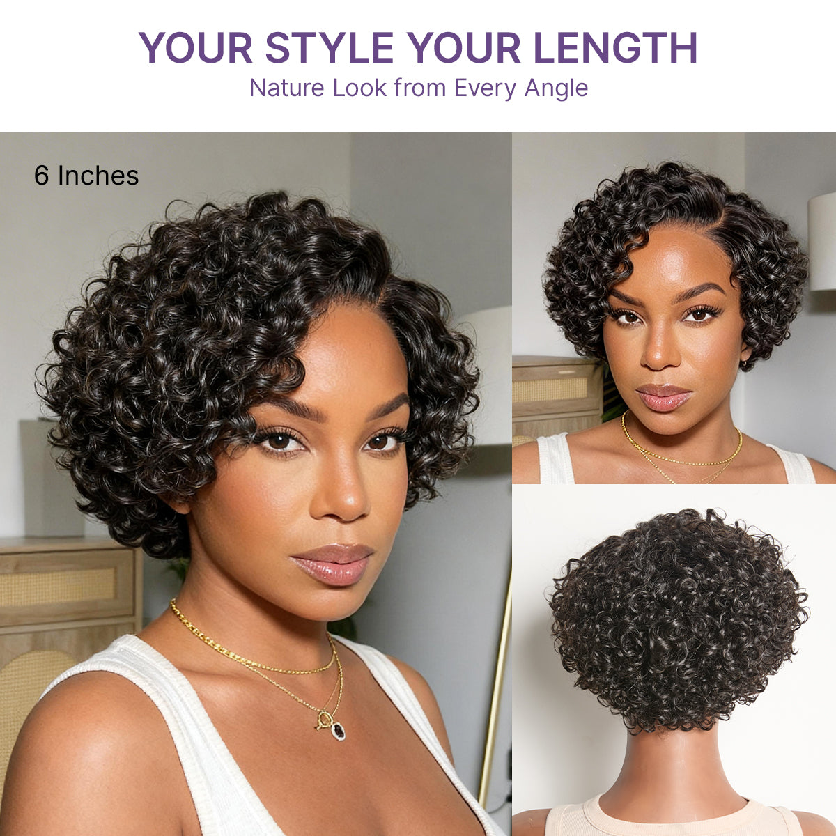 Luvme Hair water wave pixie cut wig with short curly water wave style, HD lace, minimal glueless design, natural black color
