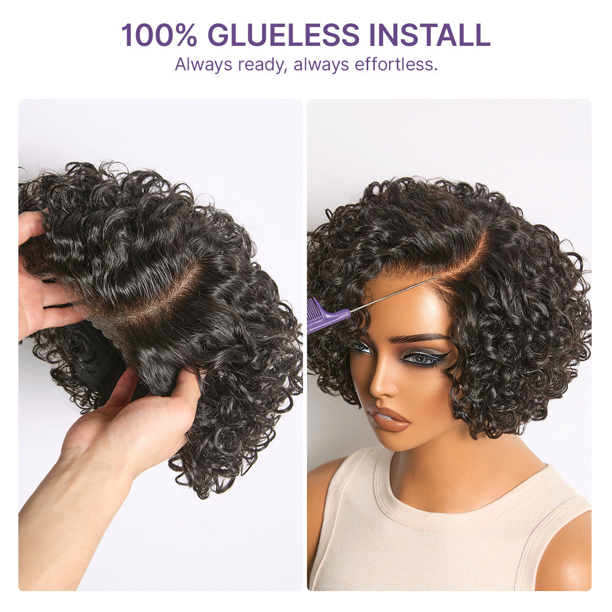 Luvme Hair water wave pixie cut wig with short curly water wave style, glueless HD lace, minimalist design, and natural hair texture.