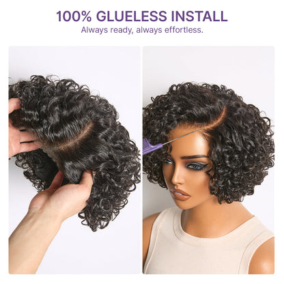 Luvme Hair water wave pixie cut wig with short curly water wave style, glueless HD lace, minimalist design, and natural hair texture.