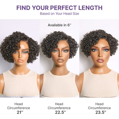 Short curly water wave pixie wig by Luvme Hair featuring HD lace, minimal glueless design, and natural water wave texture.