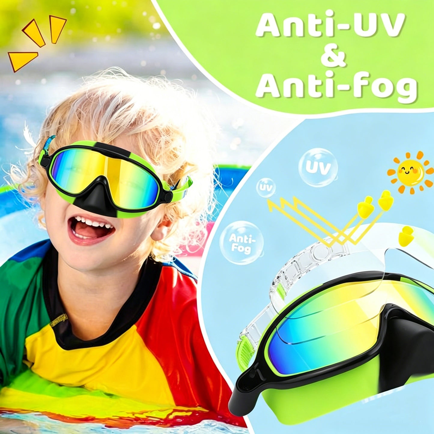 🌓HD children's large frame waterproof and anti-fog swimming goggles