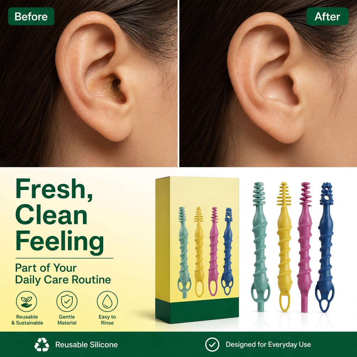 Silicone Ear Wax Removal Tool Set, 4 Pcs Reusable Ear Cleaners with Spiral and Scoop Tips, Washable Ear Pick Kit for Adults, Portable Outer Ear Cleaning Tools. (4 Ear Cleaning Tools1PACK)