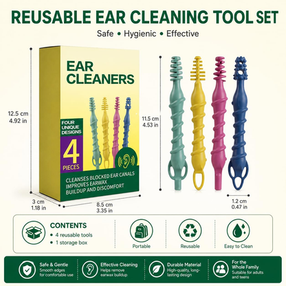 Silicone Ear Wax Removal Tool Set, 4 Pcs Reusable Ear Cleaners with Spiral and Scoop Tips, Washable Ear Pick Kit for Adults, Portable Outer Ear Cleaning Tools. (4 Ear Cleaning Tools1PACK)