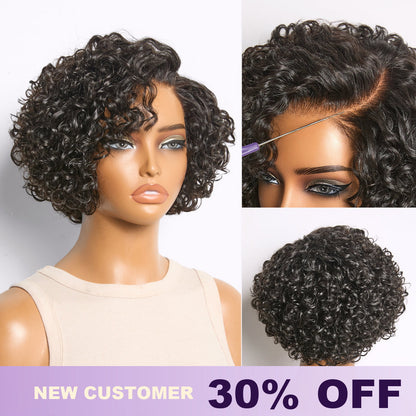 Luvme Hair water wave pixie cut wig with short curly style, HD lace, and glueless design for a minimalist look.