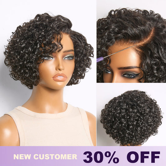 Luvme Hair water wave pixie cut wig with short curly style, HD lace, and glueless design for a minimalist look.