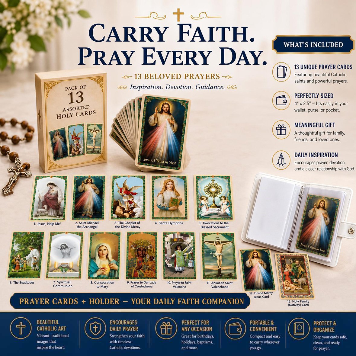 ✝️ Catholic Genuine Leather Holy Card Holder – Pocket Prayer Card Organizer with Snap Closure🙏