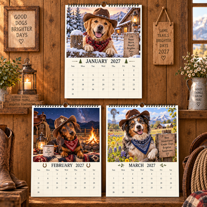 Cowboy Dogs 2027 Wall Calendar - Cute Western Cowboy Puppy Monthly Calendar, Dog Lover Gift, Sunday‑Start US Layout Wall‑Hanging Spiral Calendar