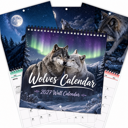 Wolves Calendar 2027 Wall Calendar – Northern Lights Wolf Calendar, Snow Mountain Wildlife Decor, Gift for Wolf Lovers