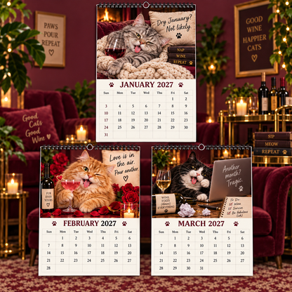 Tipsy Cats 2027 Wall Calendar – Wine O’Clock, Whiskers & Bad Decisions, Funny Boozy Cat Art Calendar
