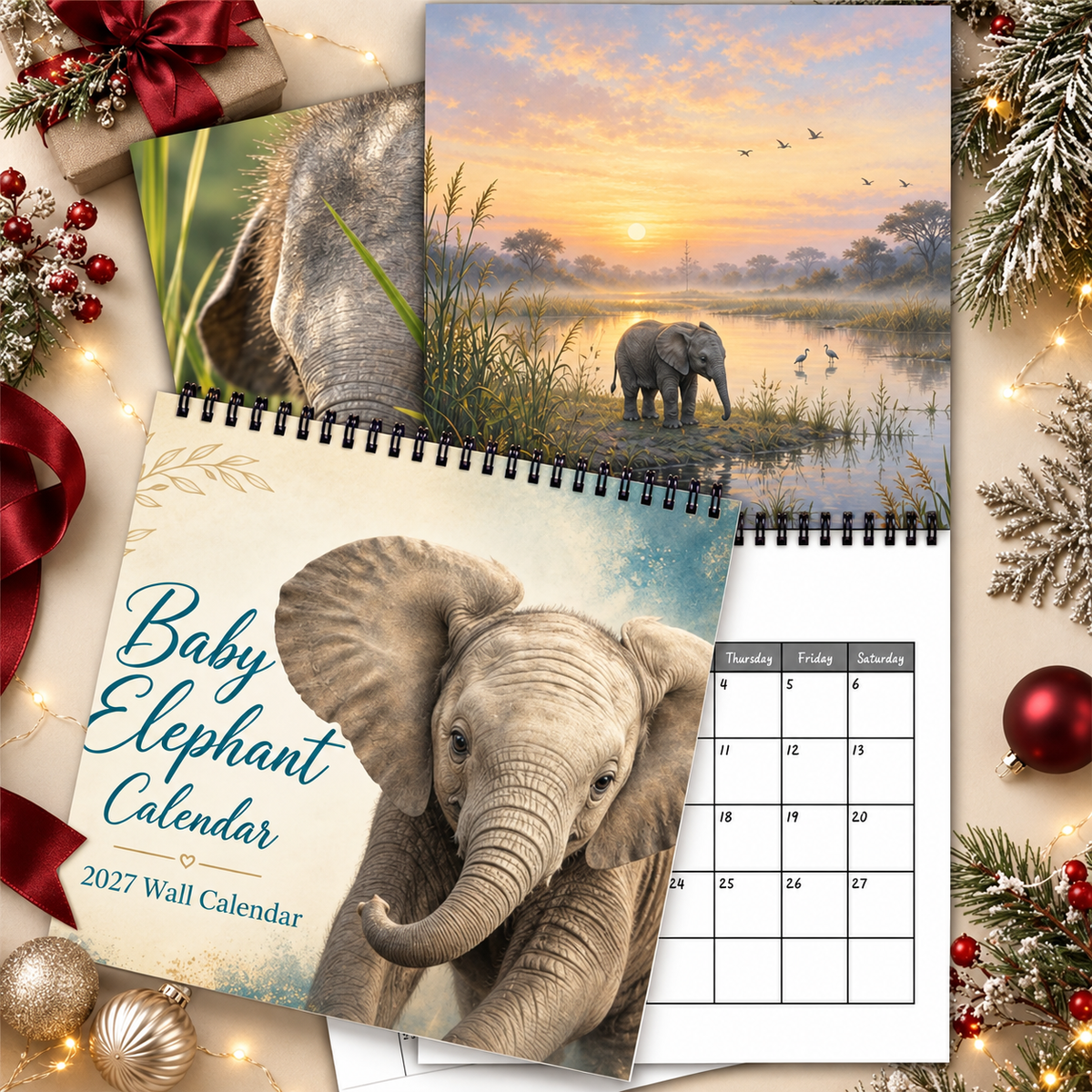 Baby Elephant 2027 Wall Calendar – Cute Baby Elephant Art Calendar, Gift for Wildlife Animal Lovers