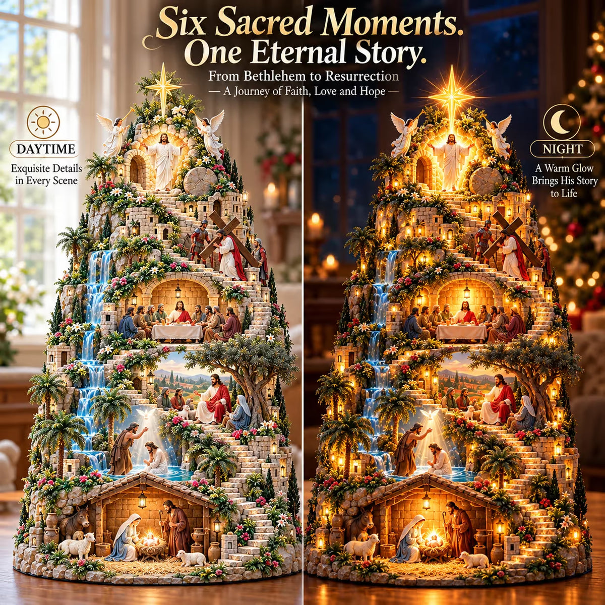 ✝️ The Journey of Faith™ – Lighted 3D Jesus Life Story Mountain with 6 Sacred Biblical Scenes