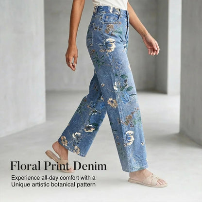 🌸 Women's Floral Print Straight-Leg Jeans – Stretchy denim, vintage vibe & perfect for everyday casual chic ✨