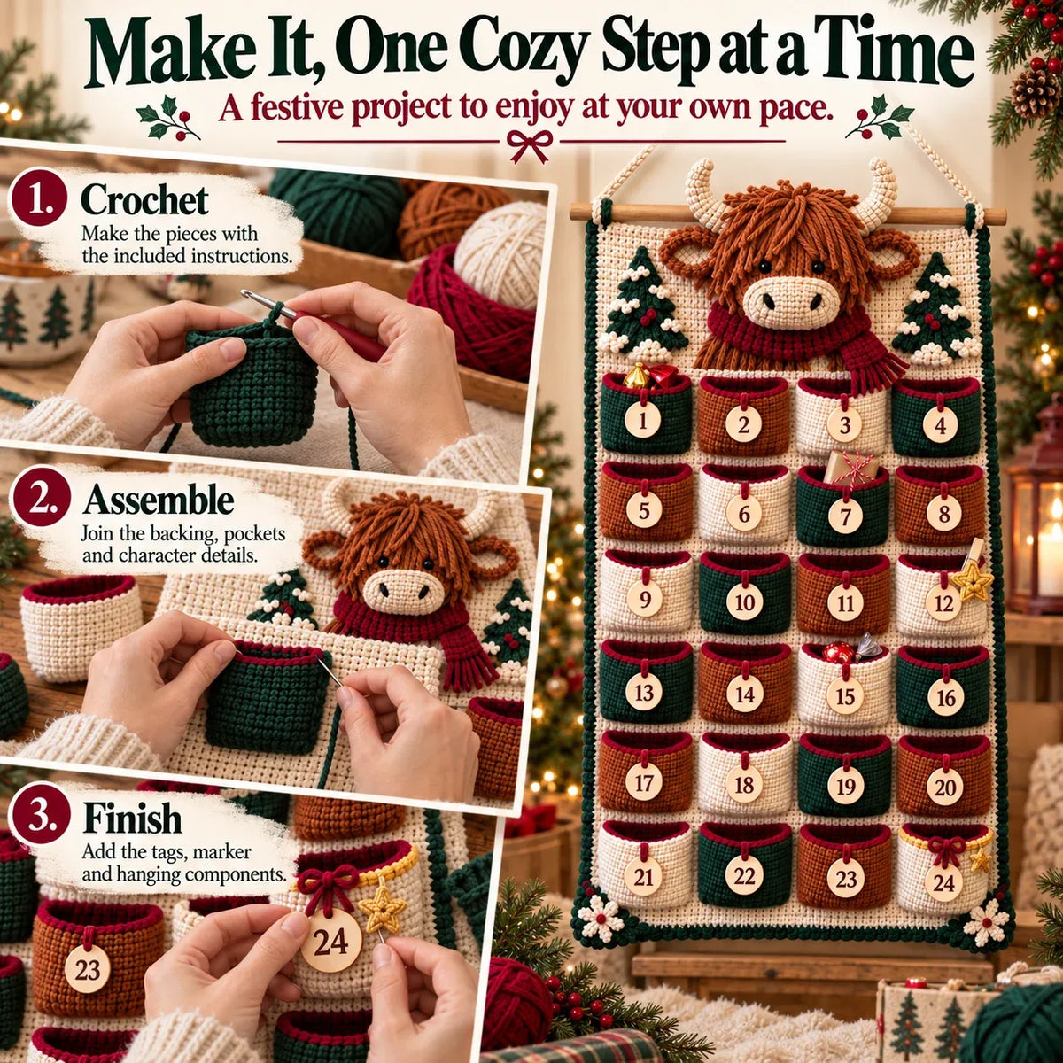 ⏳ 🧶 DIY Crochet Advent Calendar Kit | 24 Refillable Pockets, 4 Christmas Characters & Complete Crochet Materials 🎄