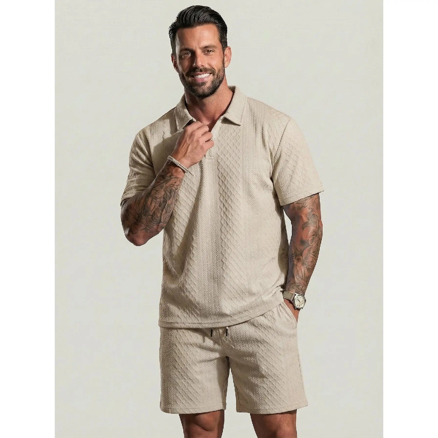 ⚡Hot Sales 49% OFF🔥Men's Solid Polo Shirt & Drawstring Waist Shorts Set Cozy Breathable Two-piece Outfits for Daily Outdoor Wear