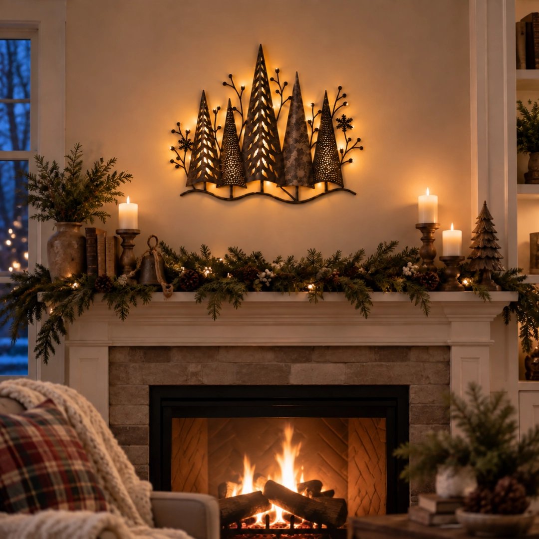 🎄🕯️Vintage-Wanddekoration aus Metall mit Waldmotiv und Beleuchtung🌙