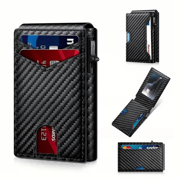 💼🔒Premium Aluminum RFID Blocking Minimalist Wallet for Men - Pop-Up Card Access, Money Clip & ID Window