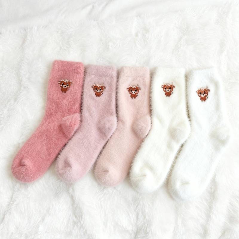 5 Pairs Cartoon Highland Cow Plush Socks for Cold-Free Home Comfort Warmth