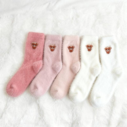 5 Pairs Cartoon Highland Cow Plush Socks for Cold-Free Home Comfort Warmth