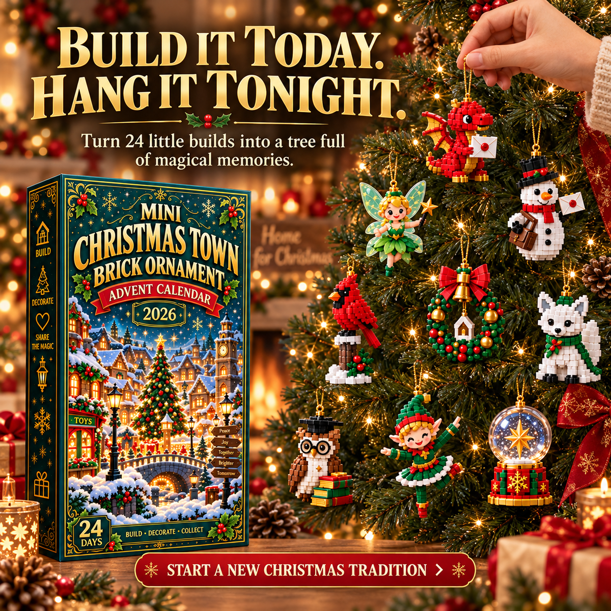 ⏳ Last day to save 49% – 🎄 Mini Christmas Town Brick Ornament Advent Calendar | 24 unique festive buildable town‑themed designs with hanging loops—perfect for decorating Christmas trees, wreaths, and holiday displays 🧱