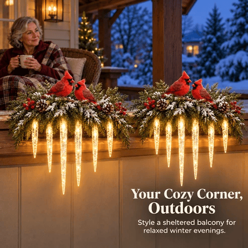 ✨Cardinal Winter Glow — Lighted Snowy Cedar & Icicle Christmas Decor