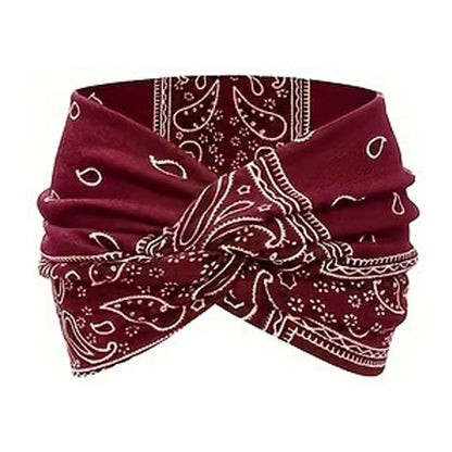 Bohemian-style hairband with a paisley print, wide elasticated hairband