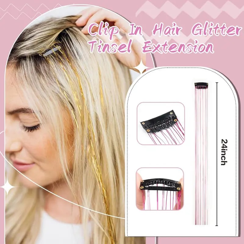 ✨ Clip in Hair Tinsel 24 Inch | 6 Pcs Glitter Fairy Hair Extensions 🥳