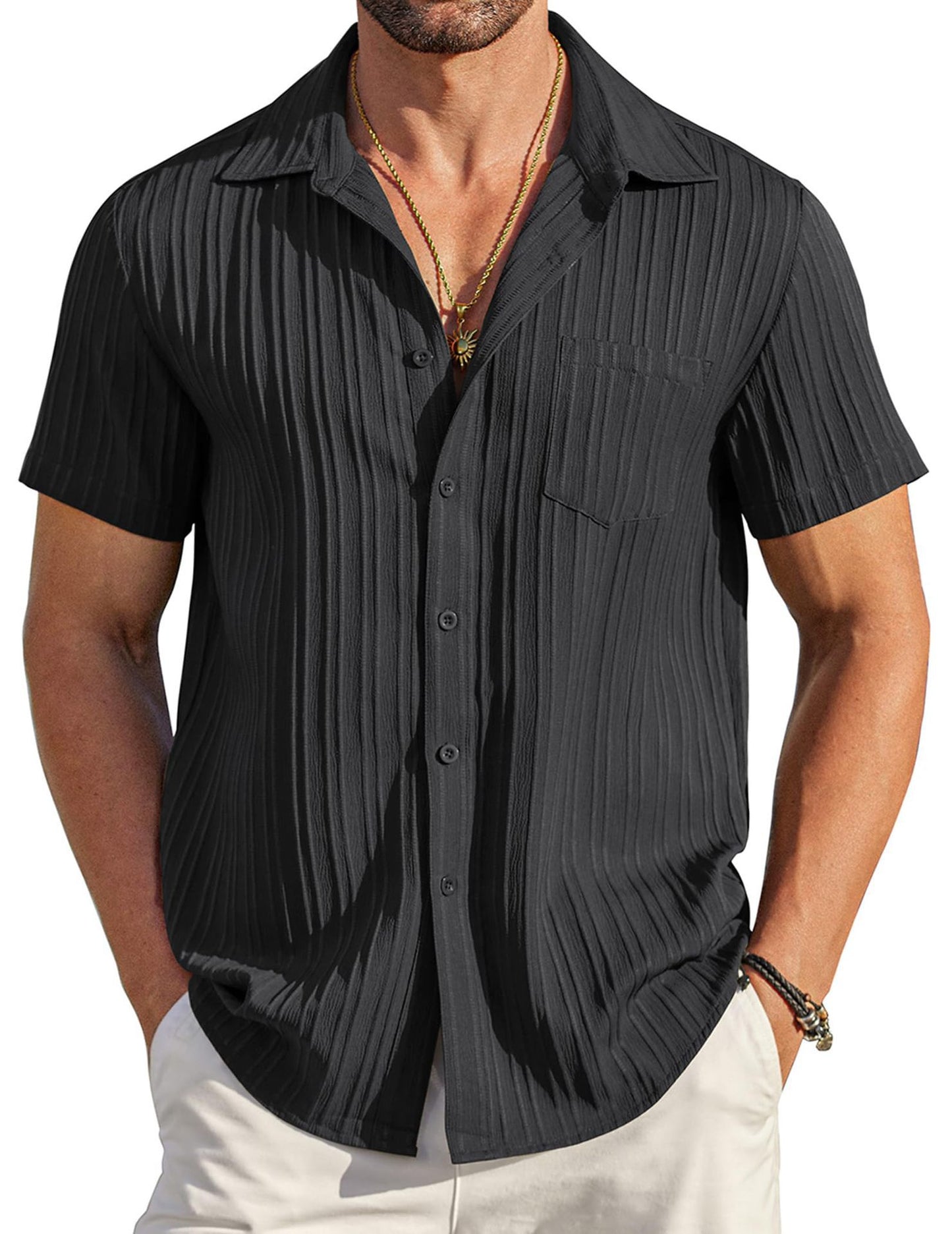 🏆Flash Sale⚡ 50K+ SOLD! Almost Gone-💥Men's Casual Button Down Shirts Short Sleeve Textured Summer Beach Shirt with Pocket