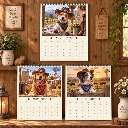 Cowboy Dogs 2027 Wall Calendar - Cute Western Cowboy Puppy Monthly Calendar, Dog Lover Gift, Sunday‑Start US Layout Wall‑Hanging Spiral Calendar
