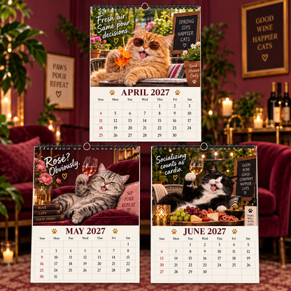 Tipsy Cats 2027 Wall Calendar – Wine O’Clock, Whiskers & Bad Decisions, Funny Boozy Cat Art Calendar