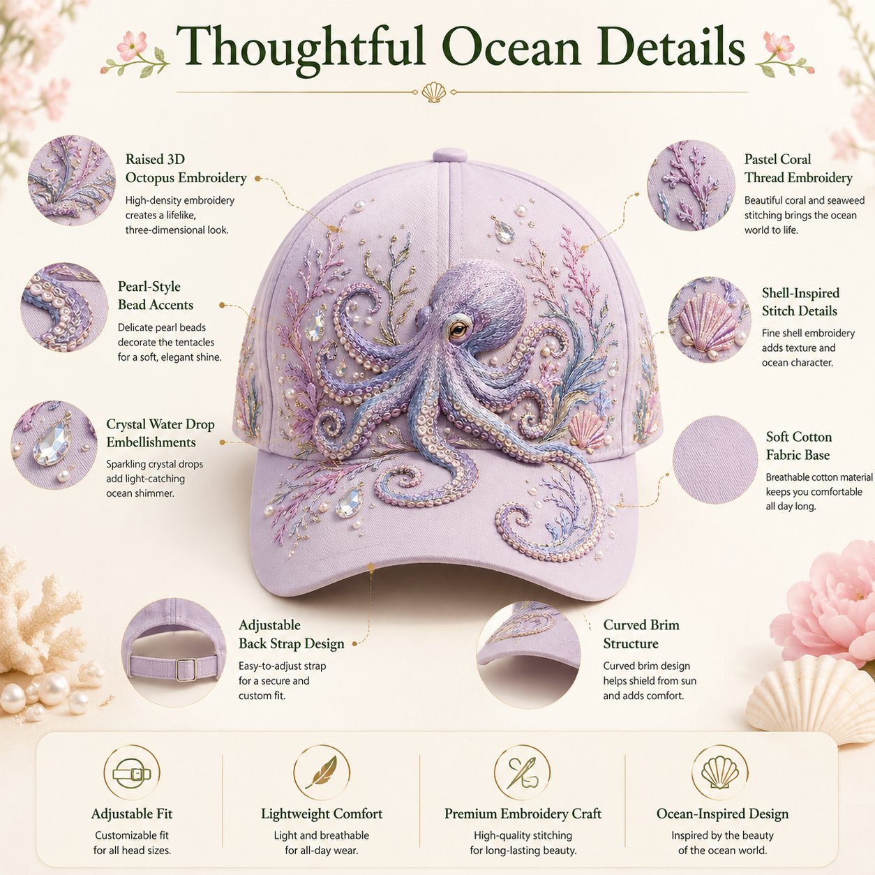 🌊 Ocean Sea Creature Pattern Cap | Pearl & Crystal Accent Adjustable Hat for Beach, Travel & Everyday Wear