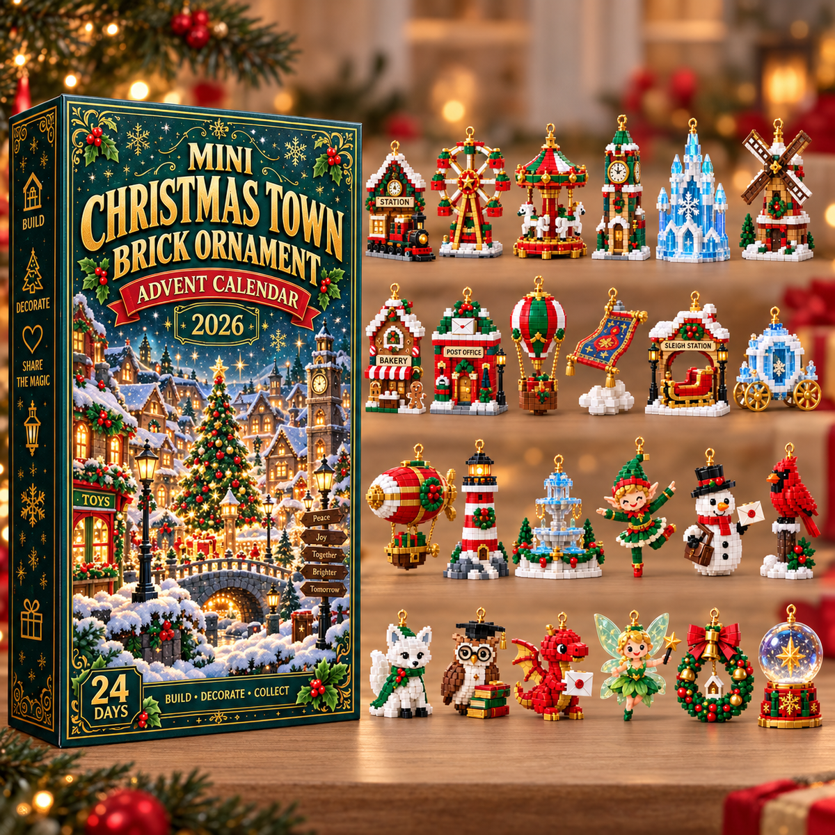 ⏳ Last day to save 49% – 🎄 Mini Christmas Town Brick Ornament Advent Calendar | 24 unique festive buildable town‑themed designs with hanging loops—perfect for decorating Christmas trees, wreaths, and holiday displays 🧱