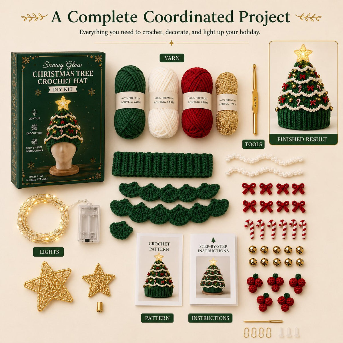 🎄Complete Light-Up Christmas Tree Crochet Hat DIY Kit