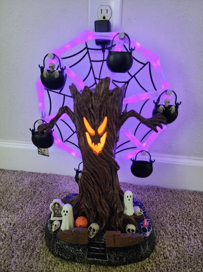 🛫Rotating Halloween Ghost Tree Ferris Wheel Table Decor, LED Light Up Skeleton Spider Web Spooky Figurine with Sound