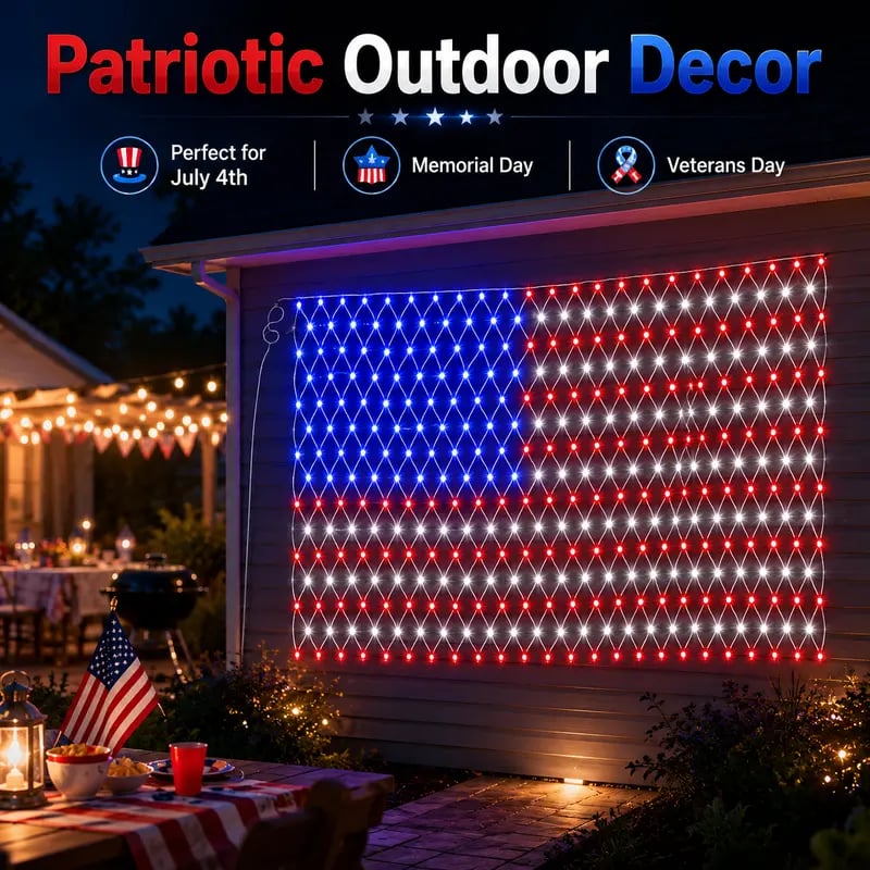 ⚡Hot Sales 🔥Solar American Flag Lights Outdoor American Flag Net Lights