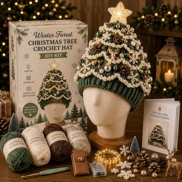 🎄Complete Light-Up Christmas Tree Crochet Hat DIY Kit