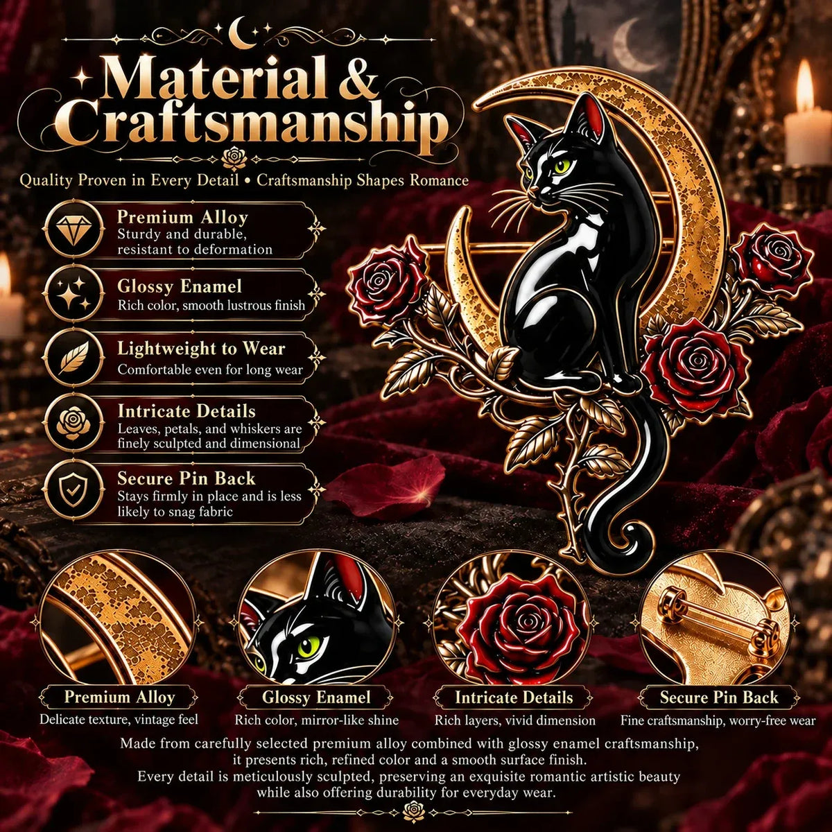 🐈‍⬛🌙 Black Cat Crescent Moon Brooch – Gothic Rose Statement Pin